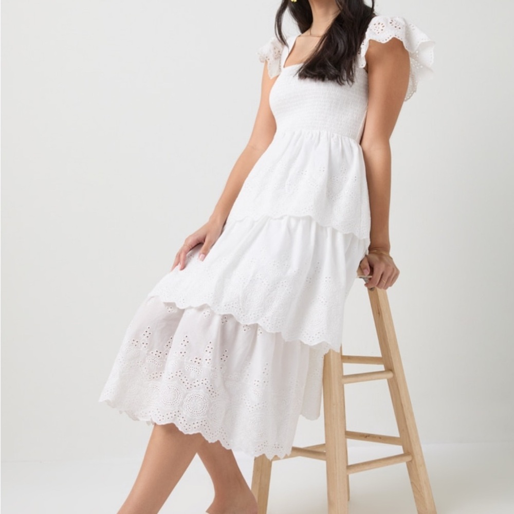 Francesca’s White Eyelet Ruffle Midi Dress